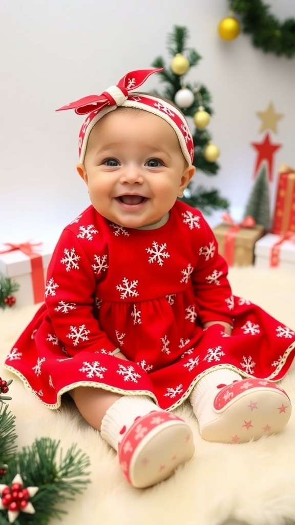 A baby girl in a red Christmas dress with snowflakes, sitting on a blanket with Christmas decorations.